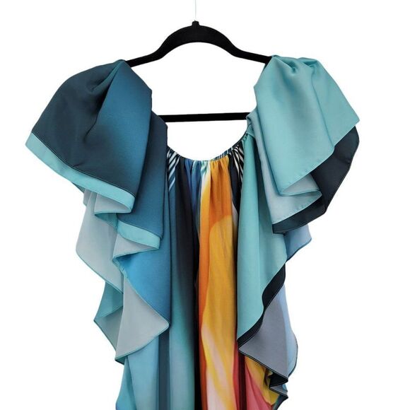 Designer Mary Katrantzou Dress Artsy Unique Rainbow Flutter Sleeve Kaftan 10‎ - Picture 9 of 11